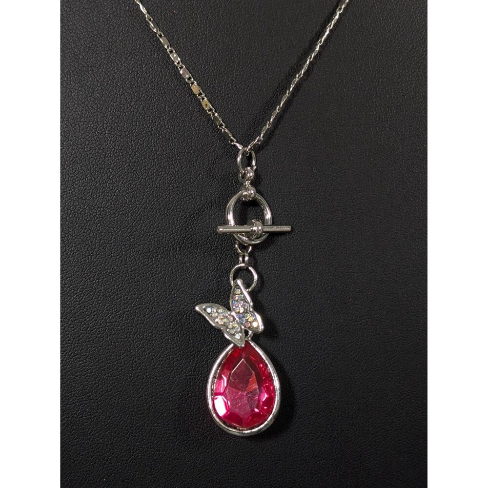 Boho Butterfly Teardrop Pendant AB Crystal‎ Pave Toggle Necklace Silver Tone 18"